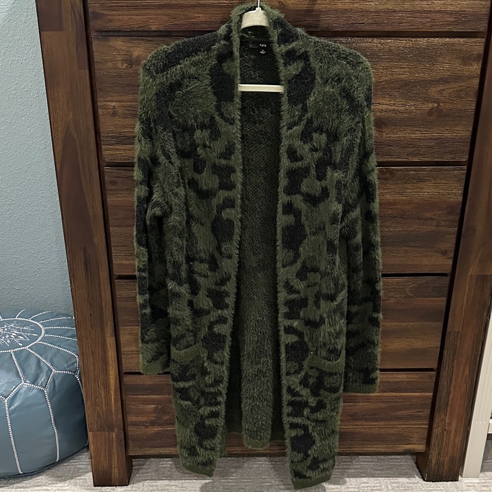 Green and Black Fuzzy-Knit Leopard Cardigan
